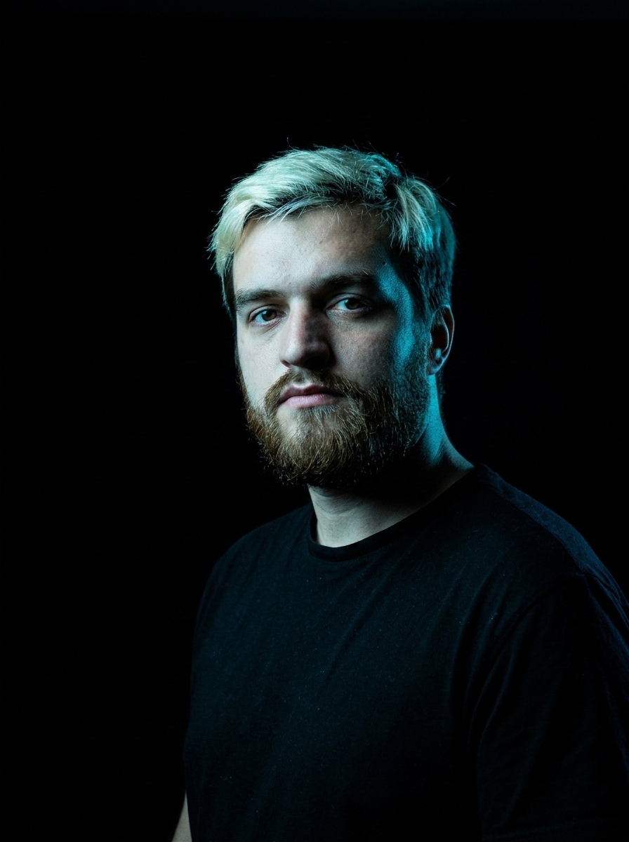 Tvardovsky, portrait with teal backlight, 2026